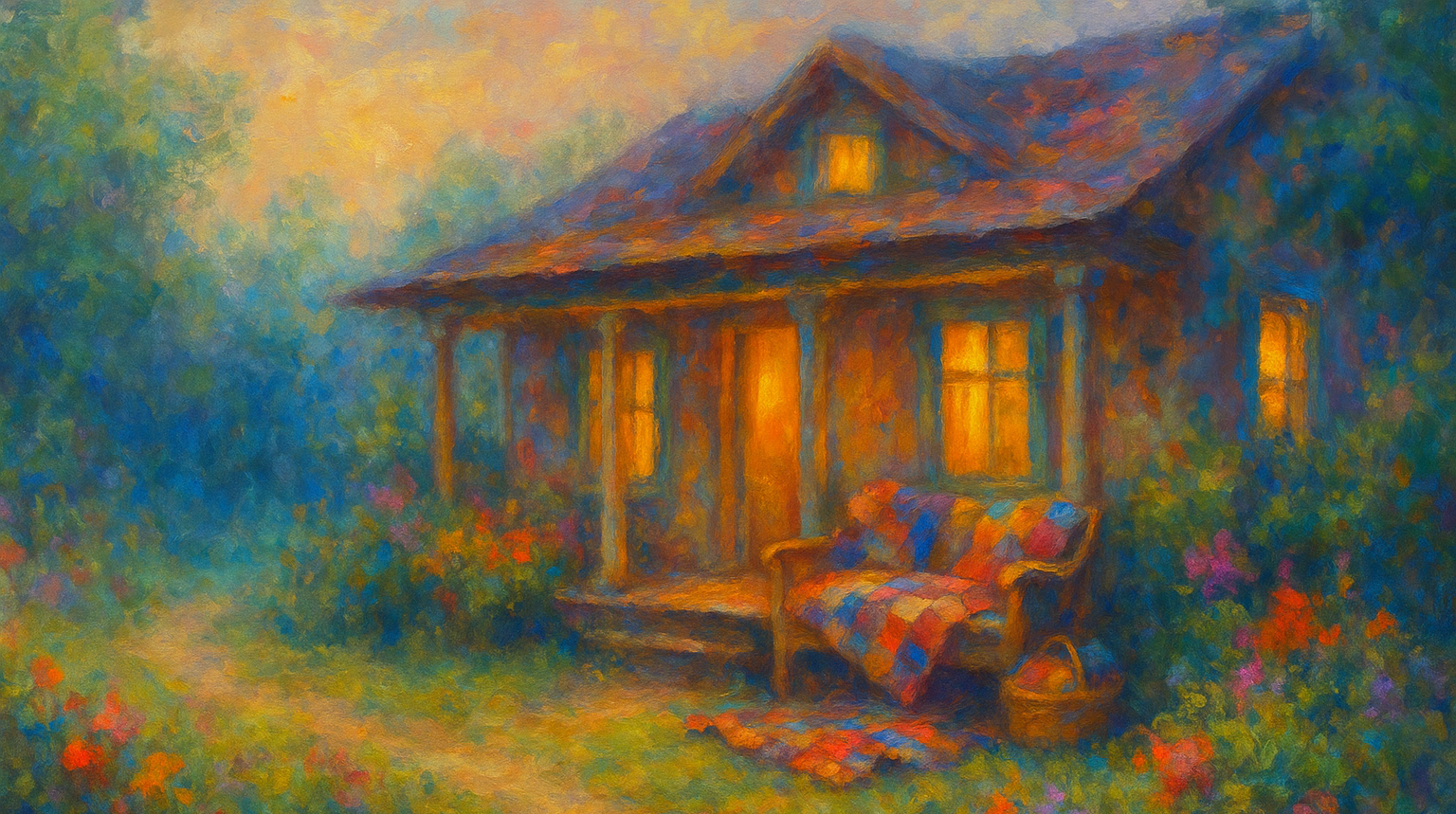 Magic House On Main - Craftivism Event Banner showing a cozy, warmly lit house with artistic brushwork and colorful quilt on the front porch